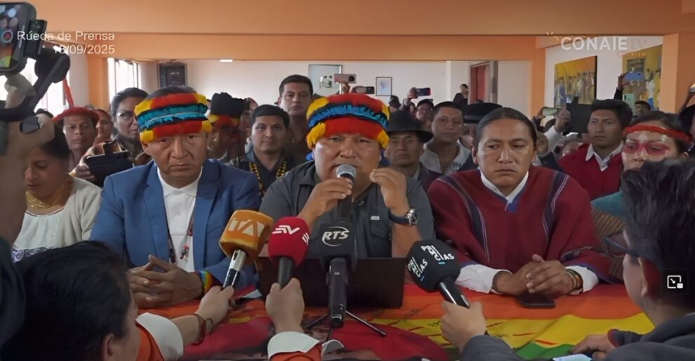 Captura de pantalla de la rueda de prensa ofrecida por Marlon Vargas, presidente de la CONAIE.